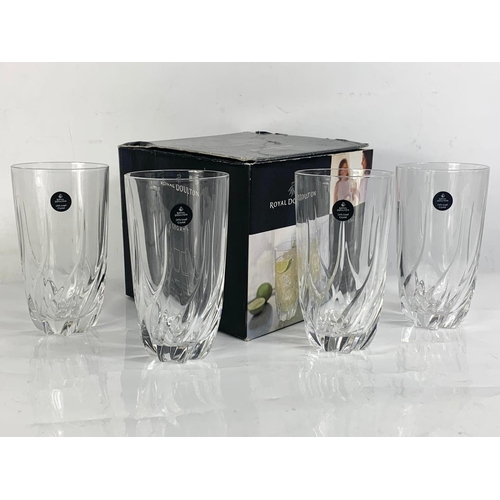 578 - Set of 4 Royal Doulton tall crystal tumblers in box. Glasses measure 15cm. Box measures 17 x 17 x 16... 