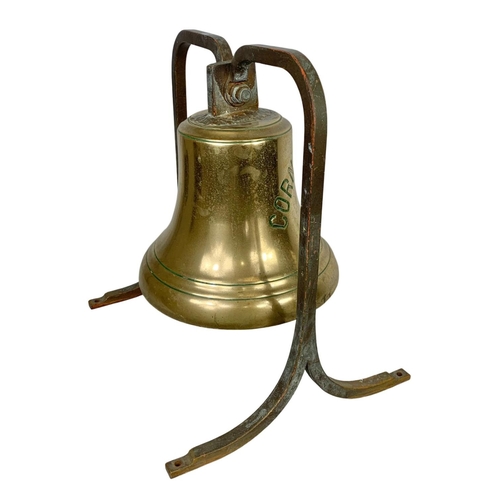 60a - A large early 20th century brass ships bell from the ship “Corner Brook” 43 x 40 x 49cm. Bell measur... 