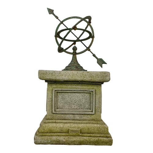 63 - A brass faux bronze sundial sphere on concrete plinth. 29 x 29 x 58cm.