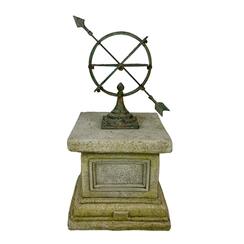 63 - A brass faux bronze sundial sphere on concrete plinth. 29 x 29 x 58cm.