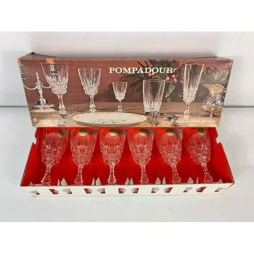 648 - A set of 6 French Pompadour crystal wine glasses in box and a pair of German crystal brandy glasses.