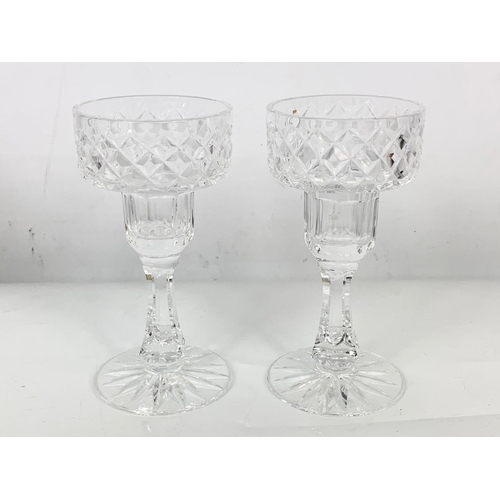 650 - A Thomas Webb crystal vase,  a pair of Tyrone crystal candlesticks and a Tyrone crystal jar. Vase me... 