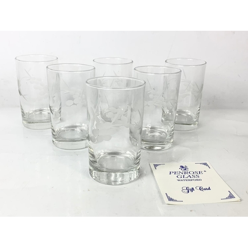 717 - A set of 6 Penrose Glass Waterford etched glasses in box with decanters.