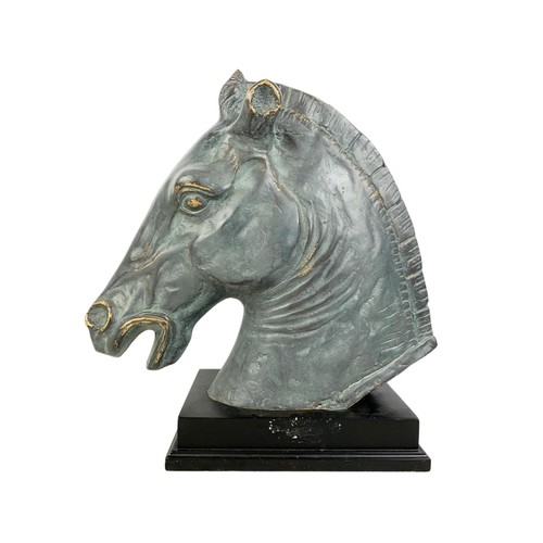 149a - Large spelter horses head on plinth simulations bronze. 41 x 43cm