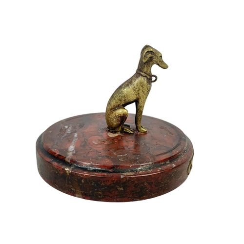 324i - An early 20th century marble base with brass plaque stamped Aug Moreau. With a vintage brass dog. 10... 