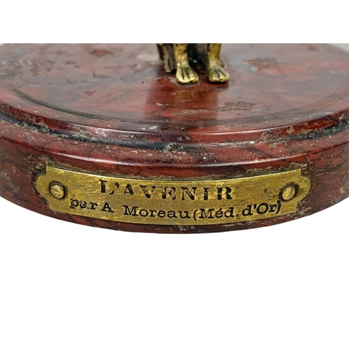 324i - An early 20th century marble base with brass plaque stamped Aug Moreau. With a vintage brass dog. 10... 