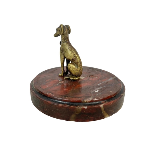 324i - An early 20th century marble base with brass plaque stamped Aug Moreau. With a vintage brass dog. 10... 