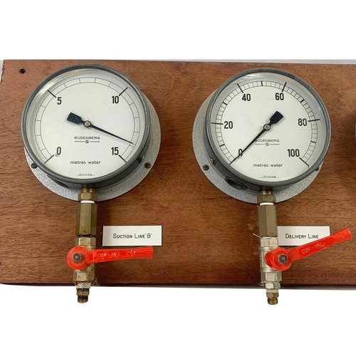 375 - Vintage gauges on board. Gauges measure 30cm. Board measures 71cm.