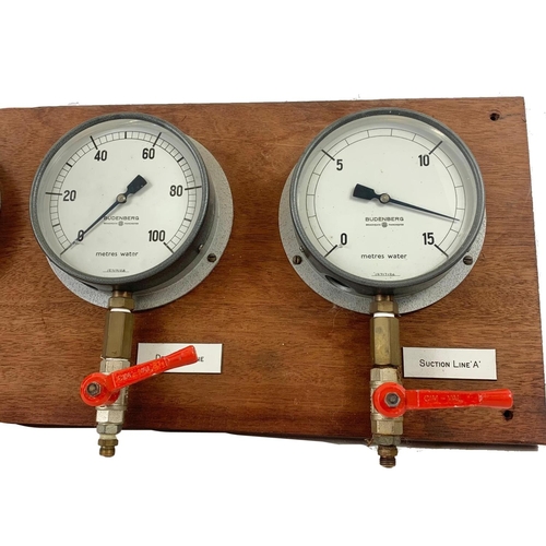 375 - Vintage gauges on board. Gauges measure 30cm. Board measures 71cm.