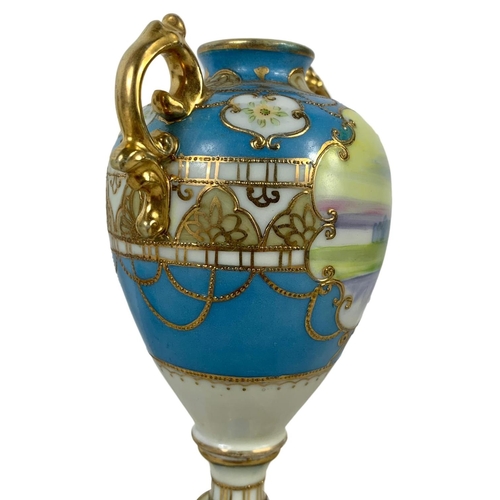 501g - A pair of early 20th century Noritake hand painted gilt porcelain urns. Circa 1908. 19cm.