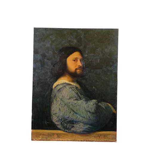 387 - 3 oil paintings and an oleograph. Copy “Portrait of a Man” by Titian. “The Gypsy Girl” by Franz Hals... 