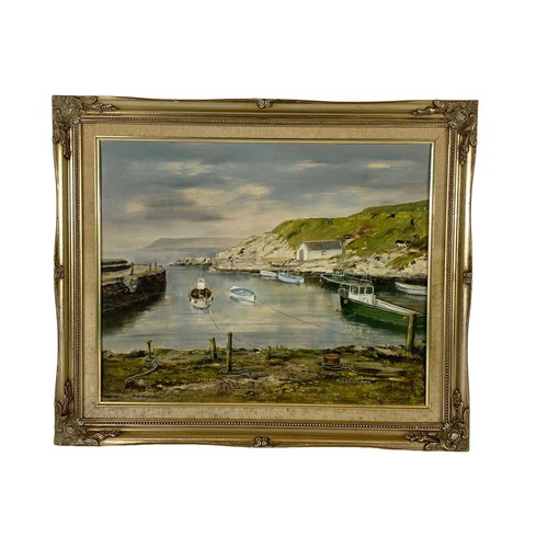 160H - An oil painting by Molly Cunningham. Ballinton Harbour. In a gilt frame. Painting measures 55.5 x 45... 