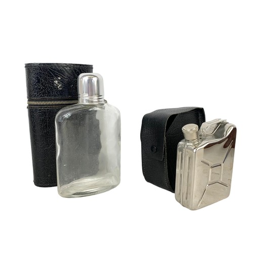 371c - Sundry lot. Including 2 hip flasks in leather cases, largest measures 17cm. A table top display case... 