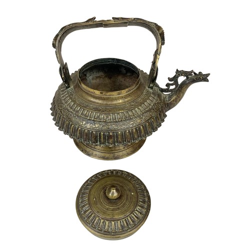 42c - A large 19th century heavy ornate heavy brass Middle Eastern kettle decorated with mythical dragons ... 