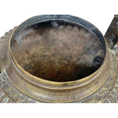 42c - A large 19th century heavy ornate heavy brass Middle Eastern kettle decorated with mythical dragons ... 