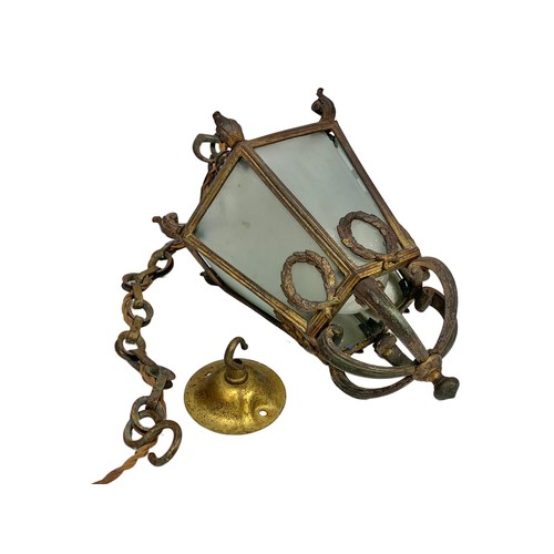 45f - An early 20th century ornate gilt brass hall or porch light fitting. Circa 1900/1920. 73cm including... 