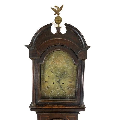 1181 - Georgian inlaid mahogany long case clock with brass face. By Alex Flight Cuparfife. 223cm. With weig... 