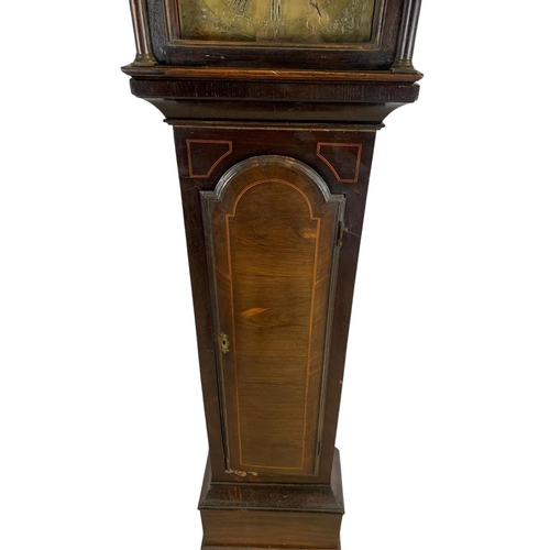 1181 - Georgian inlaid mahogany long case clock with brass face. By Alex Flight Cuparfife. 223cm. With weig... 