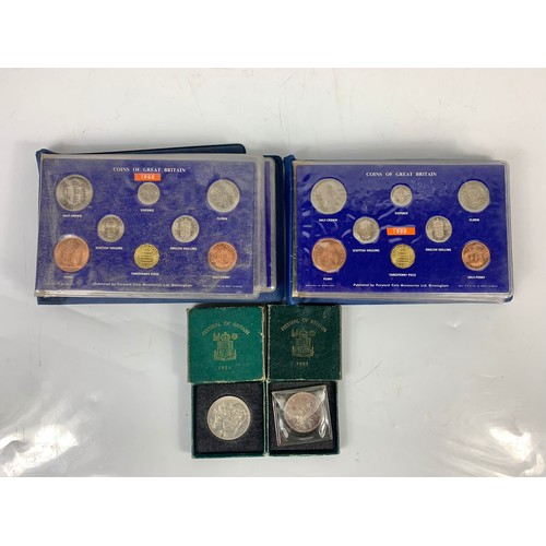 703 - A collection of coin sets from the 1960's and 2 Festival Of Britain crowns