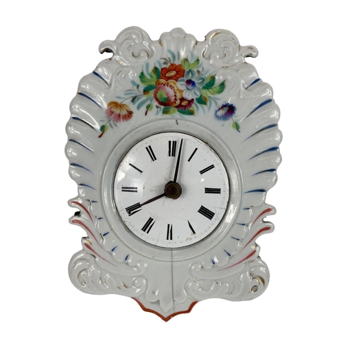 268z - 19th century French wall clock with porcelain face, weights and pendulum