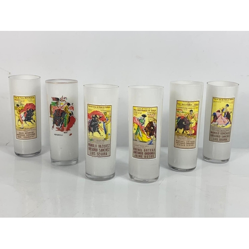 534a - Set of 6 Spanish bullfighting themed drinking glasses. 15.5cm