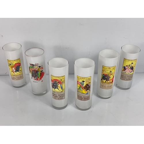 534a - Set of 6 Spanish bullfighting themed drinking glasses. 15.5cm