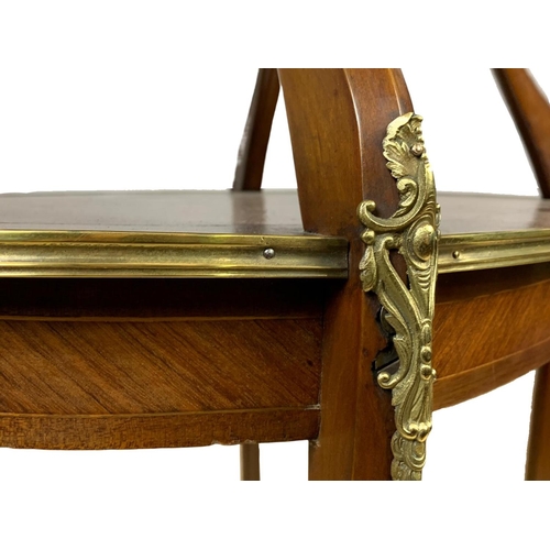 952 - Early 20th century French inlaid kingwood etagere with brass ormolu mounts. 68 x 46.5 x 87cm.