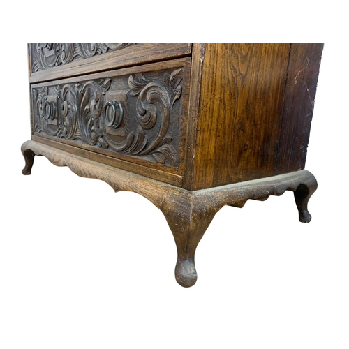 998 - Late 19th century carved oak writing bureau with 4 drawers and copper Art Nouveau handles. Circa 189... 