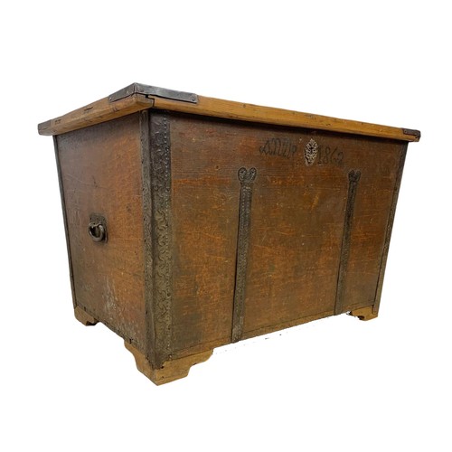 938 - A large 19th century Eastern European pine Dowry or Marriage chest with original forged iron hinges ... 