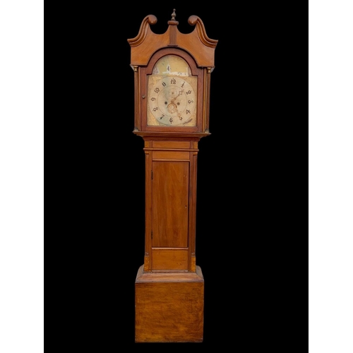 1007 - A Victorian mahogany long case clock with weights 221cm.