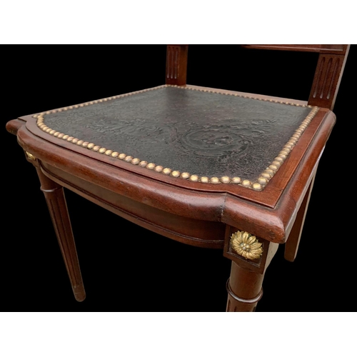 1019 - A pair of 19th century French mahogany side chairs with leather back and seats and brass decoration.... 