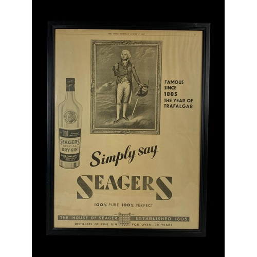 104 - A vintage Seagers advertising sign. Reframed. 47.5 x 63vm.