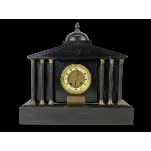 107 - A large Victorian slate mantle clock. No key or pendulum. 42 x 14.5 x 41cm