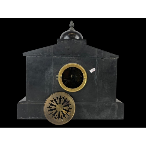 107 - A large Victorian slate mantle clock. No key or pendulum. 42 x 14.5 x 41cm