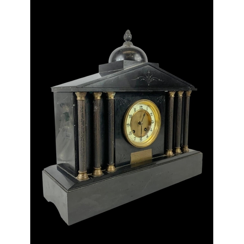 107 - A large Victorian slate mantle clock. No key or pendulum. 42 x 14.5 x 41cm