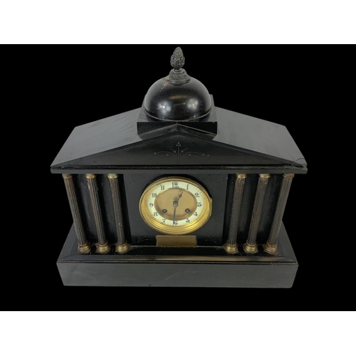 107 - A large Victorian slate mantle clock. No key or pendulum. 42 x 14.5 x 41cm