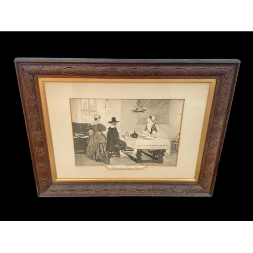 185 - 2 early 20th century oak framed prints. Circa 1900. Between Two Fires and The Black Sheep. 56 x 45cm... 