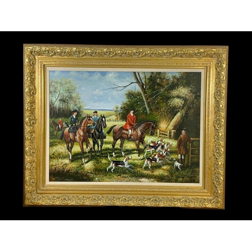 21 - A very large oil painting of a hunting scene. Signed L. Mucke. Of the original painting by Hardy Hay... 