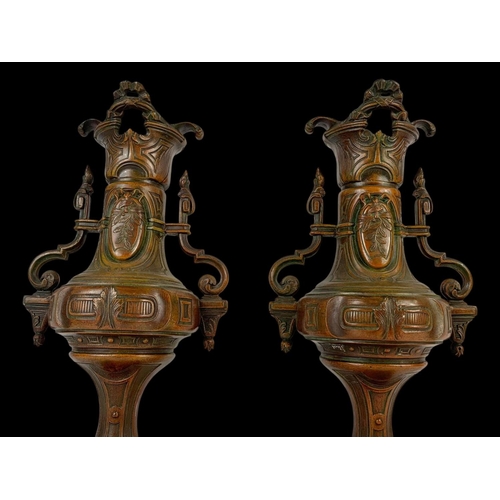 22 - A pair of large 19th century Art Nouveau spelter urns on marble bases and gilded brass mounts. Circa... 