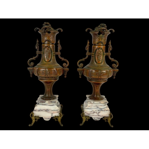 22 - A pair of large 19th century Art Nouveau spelter urns on marble bases and gilded brass mounts. Circa... 