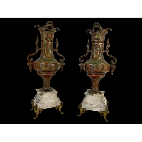 22 - A pair of large 19th century Art Nouveau spelter urns on marble bases and gilded brass mounts. Circa... 