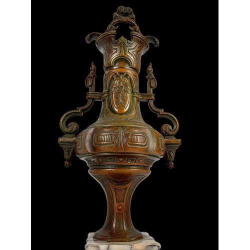 22 - A pair of large 19th century Art Nouveau spelter urns on marble bases and gilded brass mounts. Circa... 