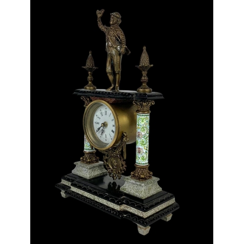 25 - An 18th century style French mantle clock with brass Corinthian pillars. 27 x 42cm.