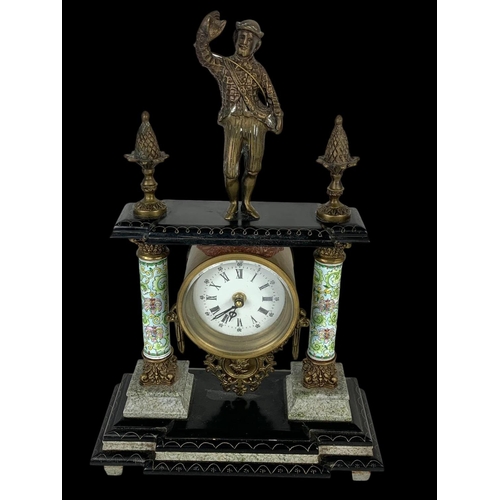 25 - An 18th century style French mantle clock with brass Corinthian pillars. 27 x 42cm.
