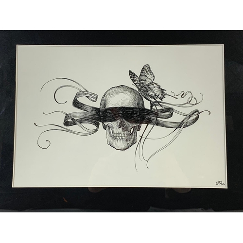27 - A Rory Dobner pen and ink drawing “The Masked Skull” 50 x 40cm including frame.