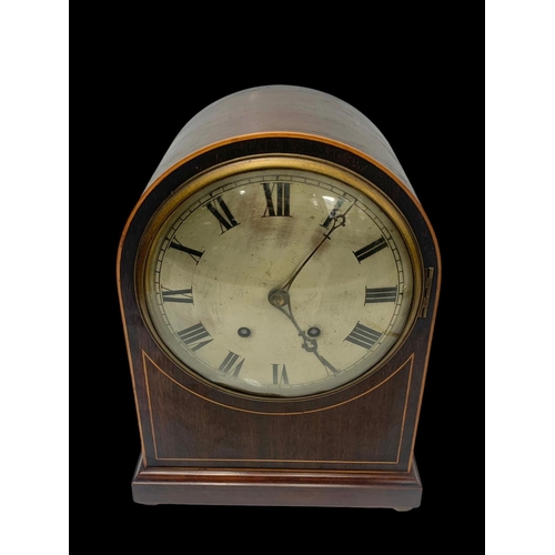 4 - A large Edwardian inlaid mantle clock with pendulum. 26.5 x 16 x 35.5cm.