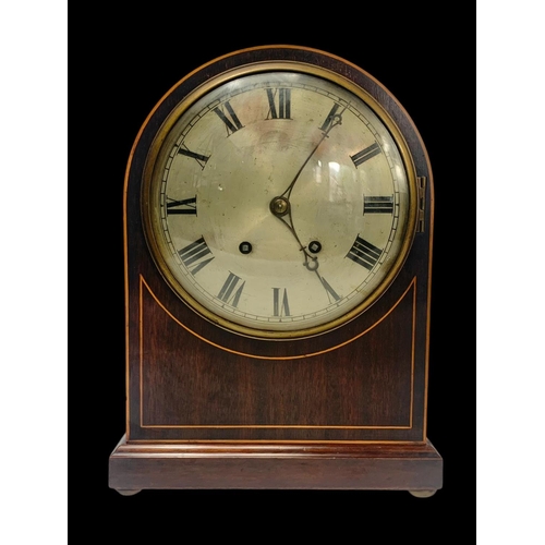 4 - A large Edwardian inlaid mantle clock with pendulum. 26.5 x 16 x 35.5cm.