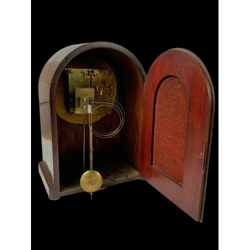 4 - A large Edwardian inlaid mantle clock with pendulum. 26.5 x 16 x 35.5cm.