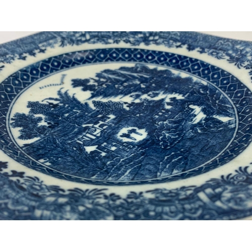 429 - An 18th century Caughley “Pagoda” pattern blue and white Chinese design porcelain plate. Circa 1785.... 