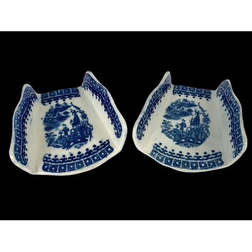 433 - A pair of 18th century Caughley “Fisherman” pattern blue and white Chinese design porcelain asparagu... 